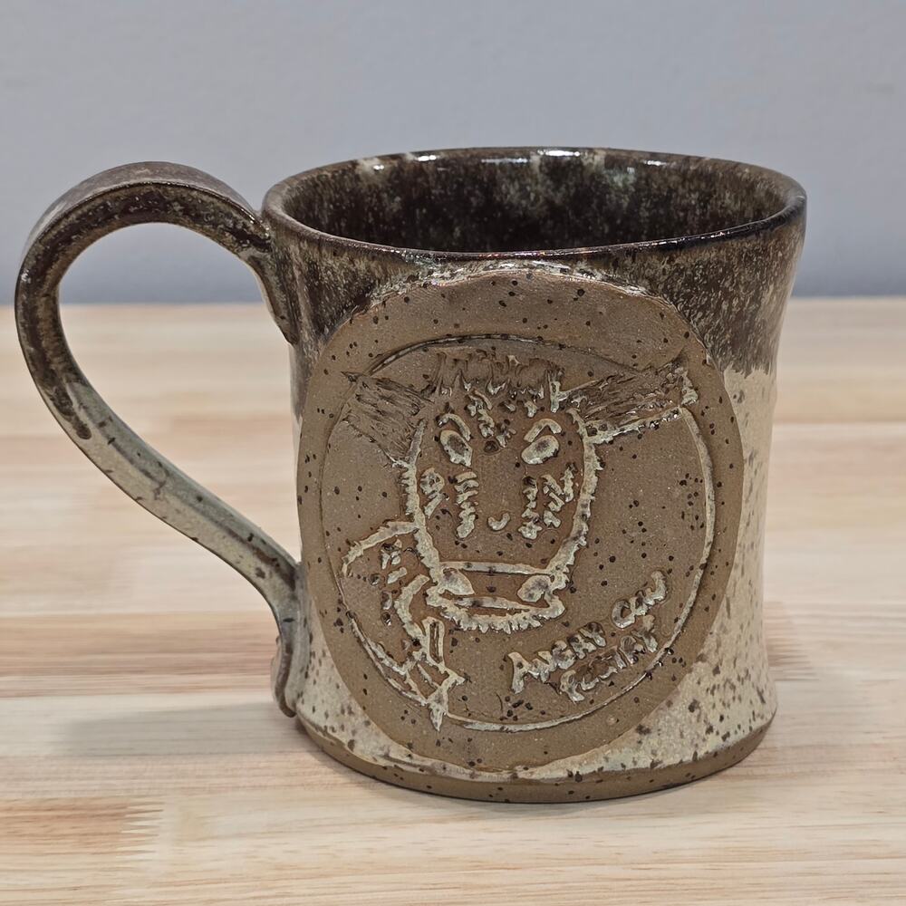 Handcrafted Angry Cow Poetry Coffee Mug Brown Studio Pottery Quirky Cattle Bull